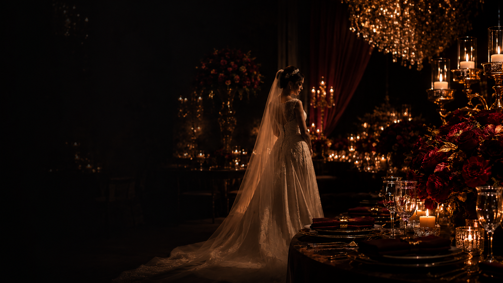 Noiva em recepção elegante à luz de velas