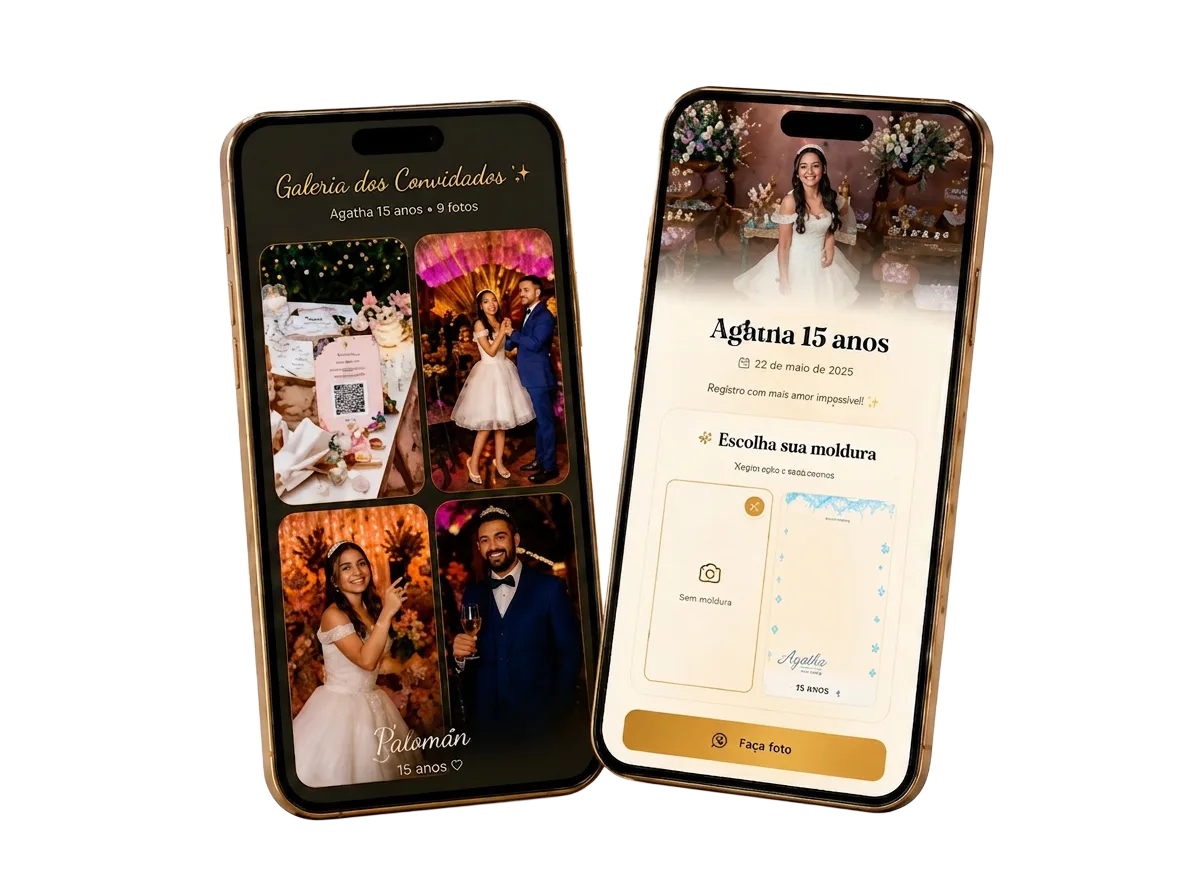 Mockup de smartphone dourado exibindo a galeria digital Eternize