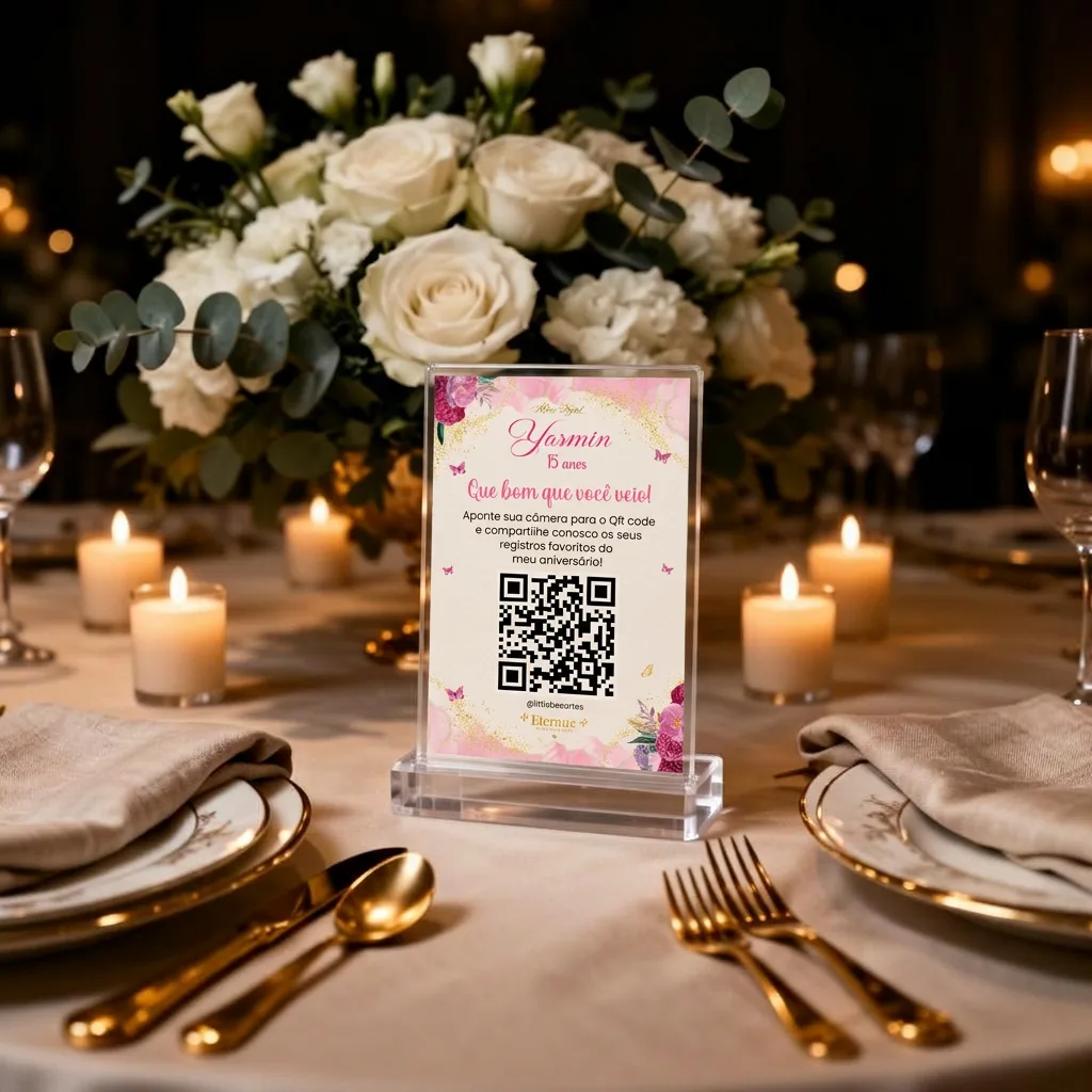 Tag com QR code exposta em suporte sobre mesa decorada de evento